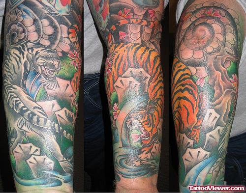 Awesome Color Ink Tiger Tattoo On Sleeve