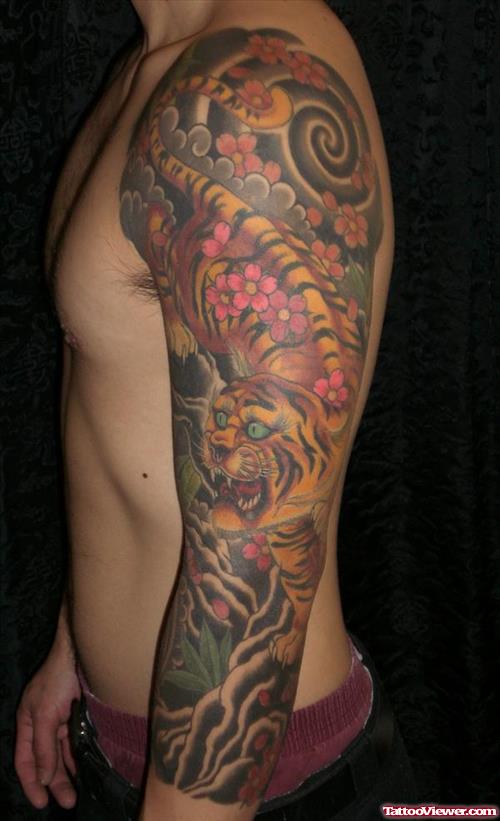 Amazing Colored Tiger Tattoo On Left Sleeve