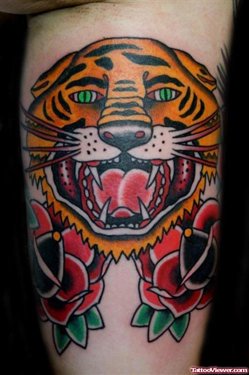Red Roses And Tiger Head Tattoo