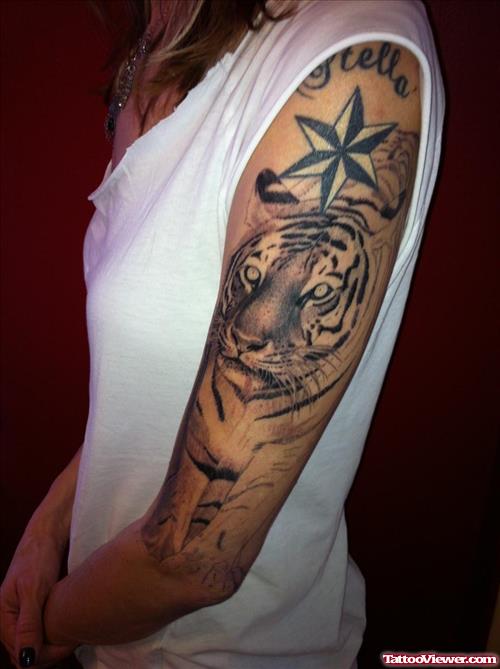 Nautical Star And Tiger Tattoo On Left Sleeve