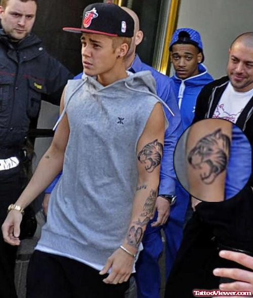 Justin Bieber Tiger Head Tattoo On Left Bicep