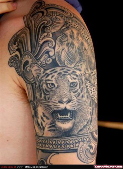 Grey Ink Tiger Tattoo On Left Half Sleeve For Men