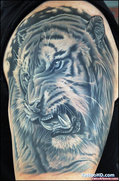 Crazy Grey Ink Tiger Tattoo On Right Half Sleeve