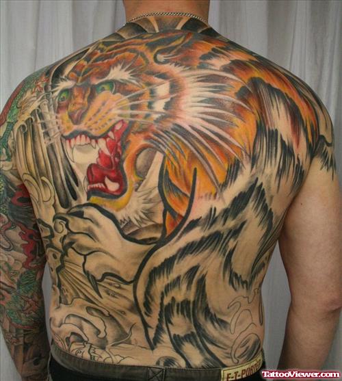 Colored Tiger Tattoo On Back Body