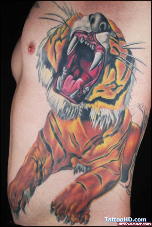 Colored Roaring Tiger Tattoo On Side