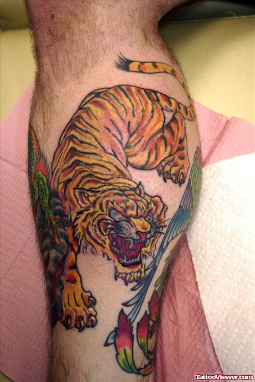 Color Ink Tiger Tattoo On Leg Sleeve