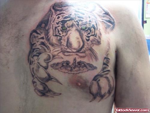 Awesome Grey Ink Tiger Tattoo On Man Chest