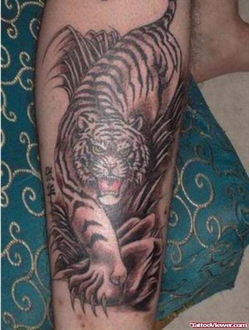 Awesome Grey Ink Tiger Tattoo On Leg Sleeve