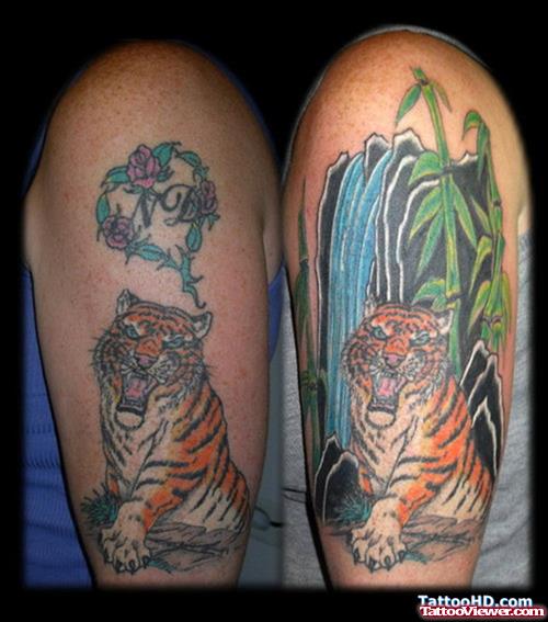 Awesome Colored Tiger Tattoos On Half Sleeve