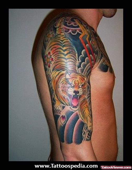 Awesome Colored Japanese Tiger Tattoo For Men