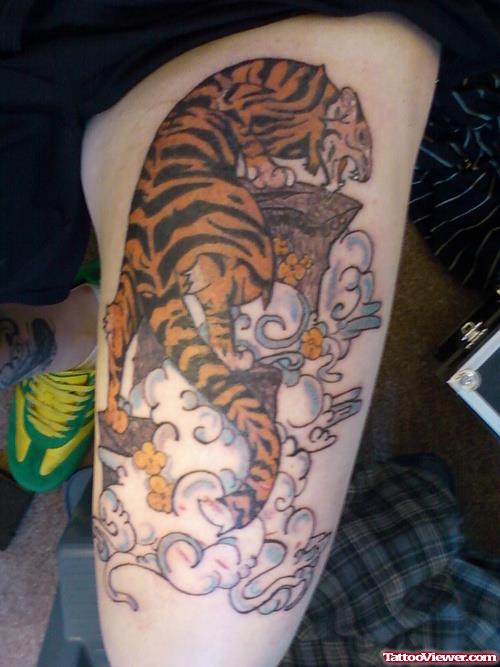 Awesome Color Ink Tiger Tattoo On Leg