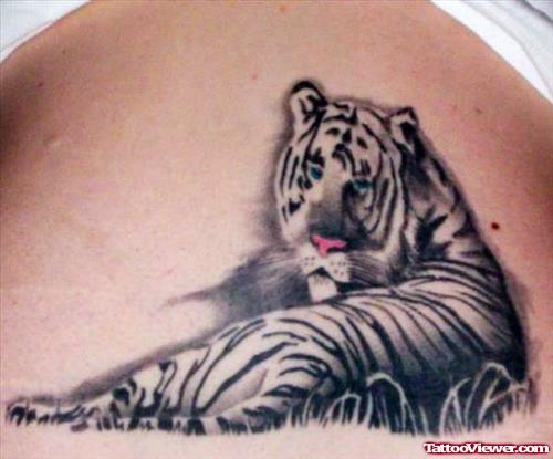 Grey Ink Tiger Tattoo On Girl Lowerback