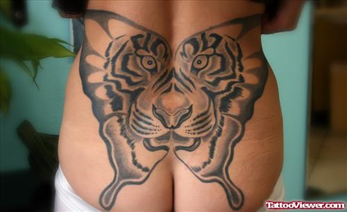 Grey Ink Tiger Head Butterfly Tattoo