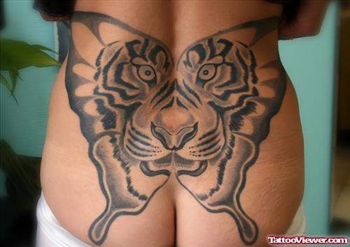 Grey Ink Tiger Face Butterfly Tattoo On Back