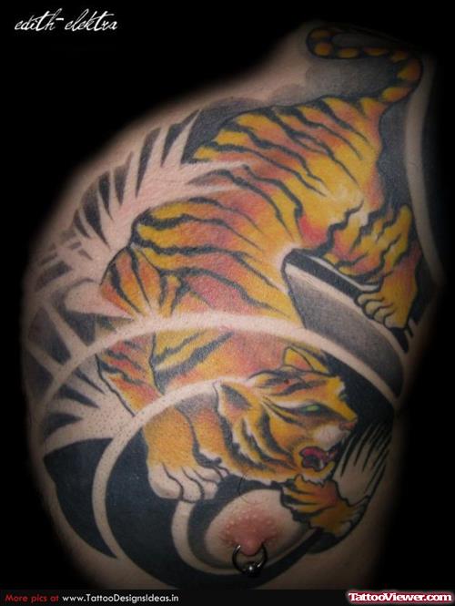 Cute Color Ink Tiger Tattoo On Man Chest