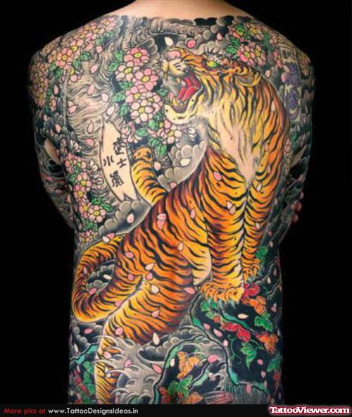 Chinese Flowers And Tiger Tattoo On Back