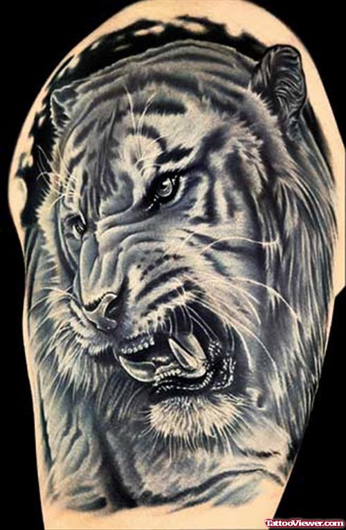Awful Grey Ink Tiger Tattoo On Left Half Sleeve