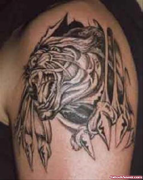 Awesome Grey Ink Tiger Head Tattoo On Left Shoulder