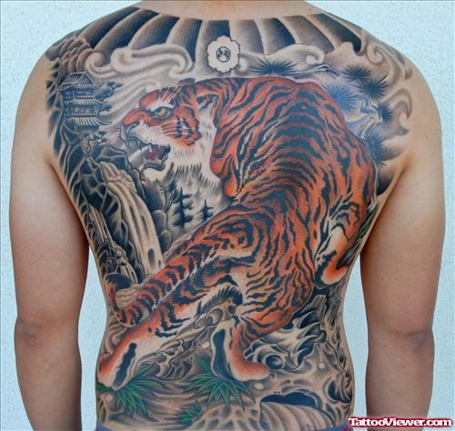 Awesome Colored Ink Tiger Tattoo On Back