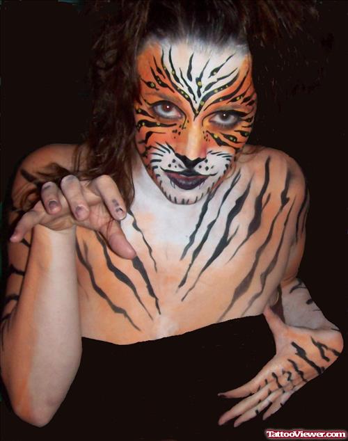 Tiger Tattoo On Girl Face