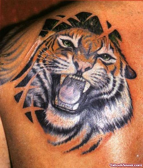 Tiger Head Tattoo On Left Back Shoulder