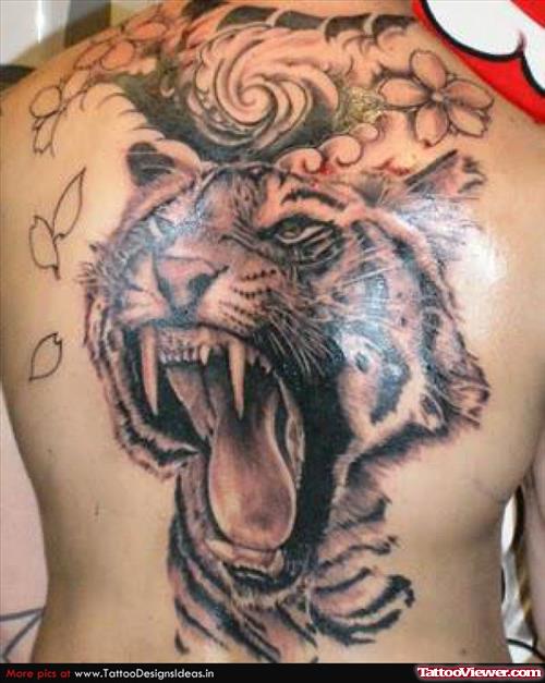 Roaring Tiger Head Tattoo On Back