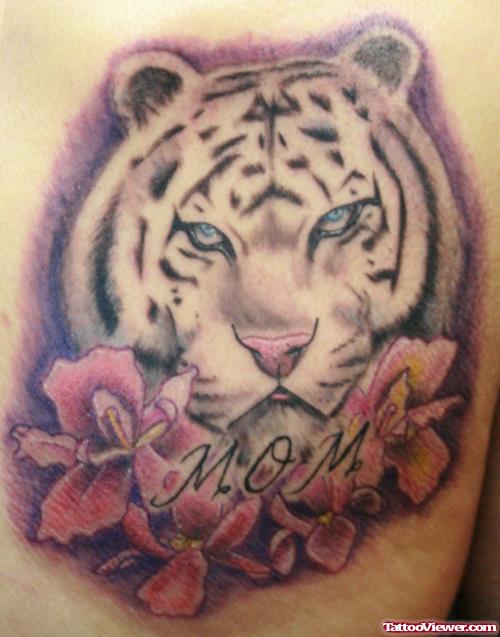 Pink Flowers and White Tiger Head Tattoo