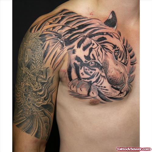 New Grey Ink Tiger Head Tattoo On Man Chest