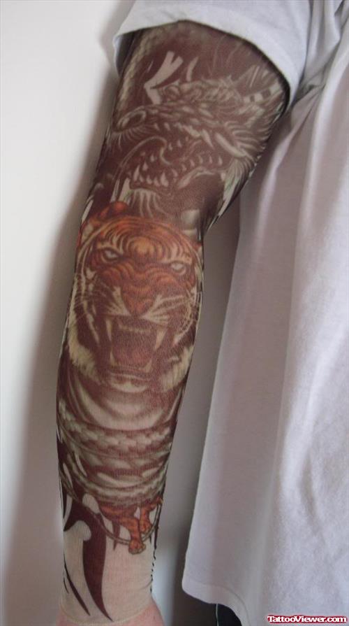 Grey Ink Tiger Tattoo On Full Sleeve