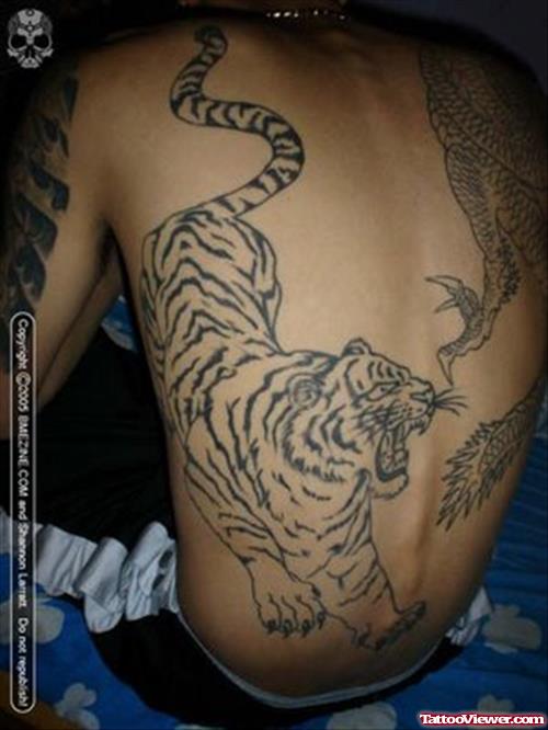 Grey Ink Tiger Tattoo On Back For Men