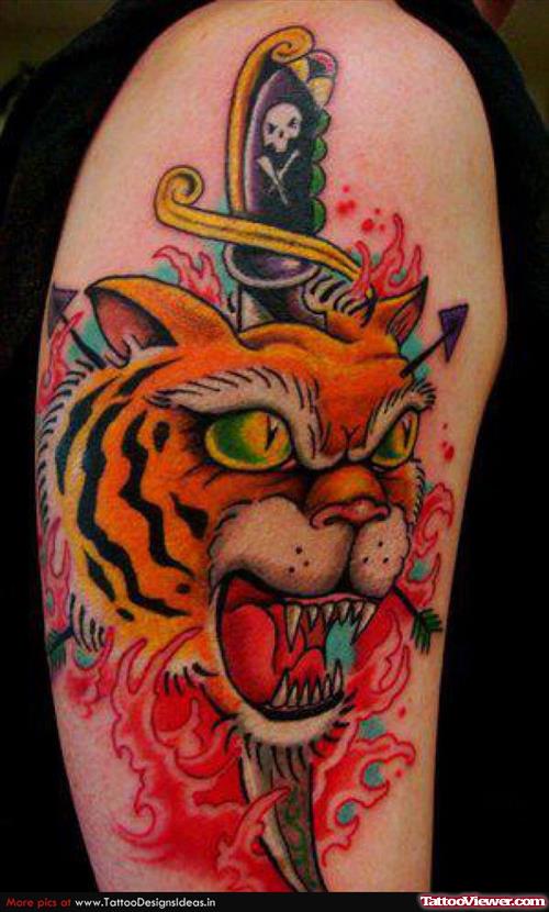 Dagger Tiger Head Tattoo On Half Sleeve