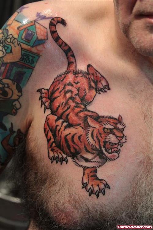 Crazy Color Ink Tiger Tattoo On Man Chest