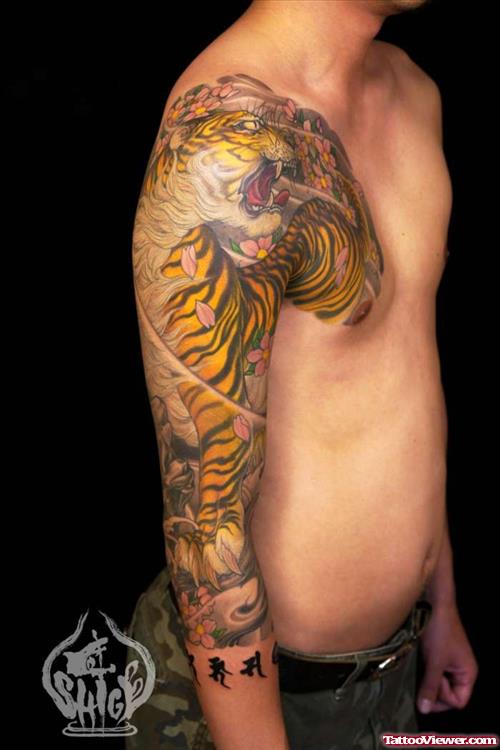 Color Tiger Tattoo On Man Right HAlf Sleeve
