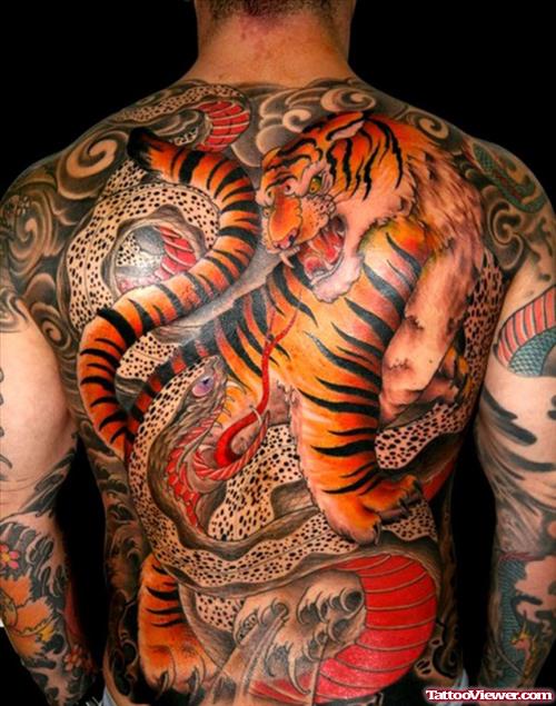 Color Ink Tiger Tattoo On Full BAck For Men