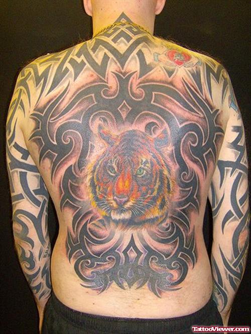 Black Ink Tribal And Tiger Tattoo On Back