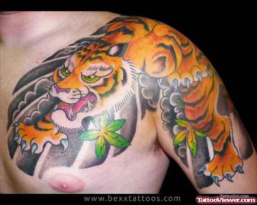 Awesome Colored Tiger Tattoo On Left Shoulder
