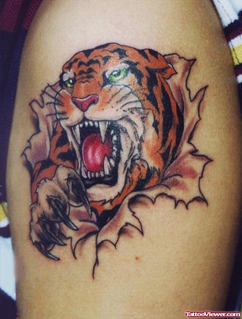Ripped Skin Angry Tiger Head Tattoo