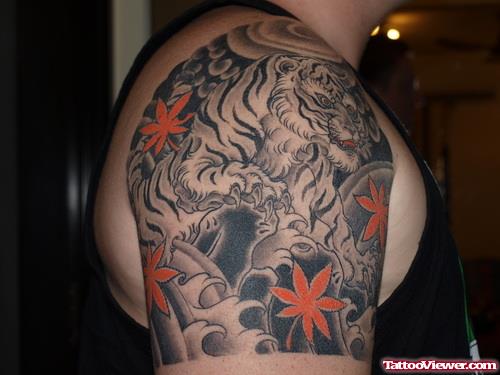 Maple Leaf and Tiger Tattoo On Right Shoulder