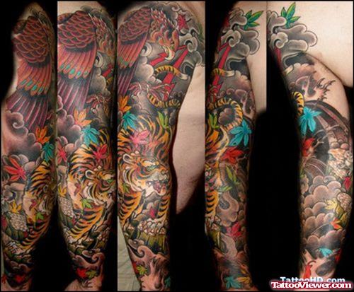 colored Tiger Tattoos on Sleeve