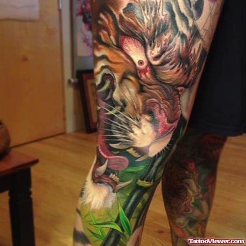 Colored Tiger Tattoo On Right Leg
