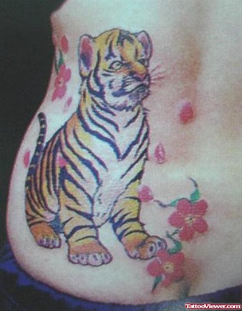 Color Flowers and Tiger Tattoo On Back