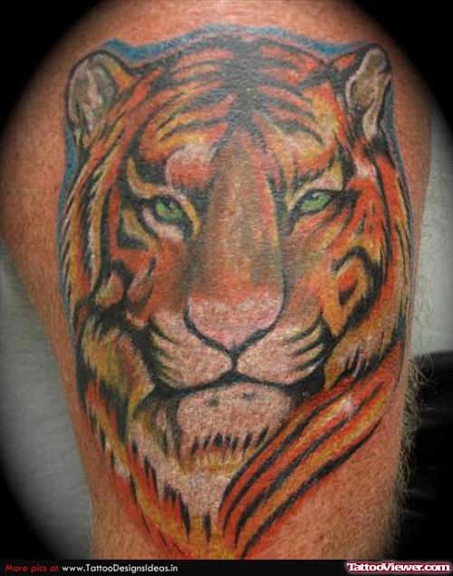 Awful Color Ink Tiger Tattoo On Left Half Sleeve