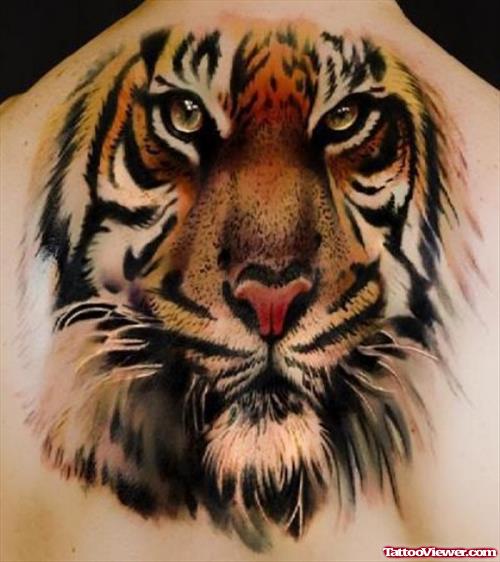 Awesome Tiger Head Tattoo On Back