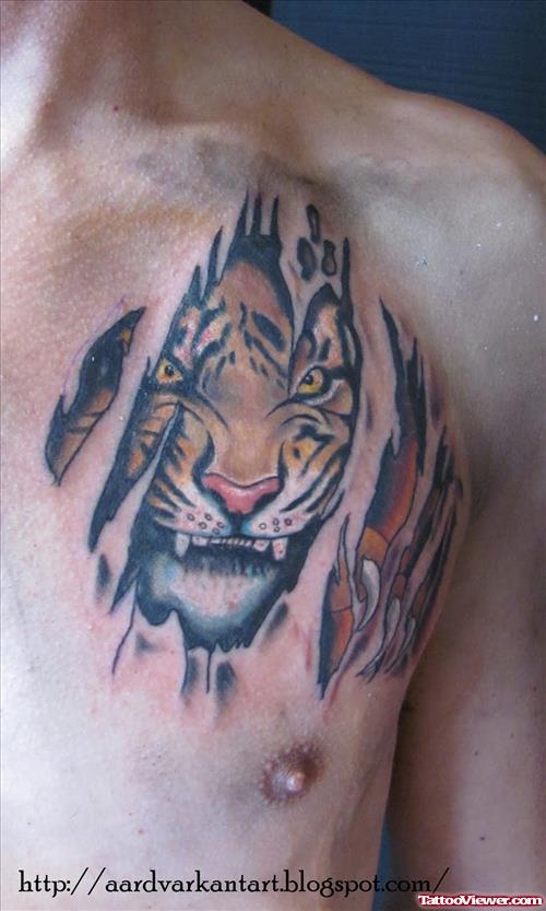 Ripped Skin Roaring Tiger Head Tattoo On Chest