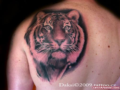 Left Back Shoulder Grey Ink Tiger Tattoo