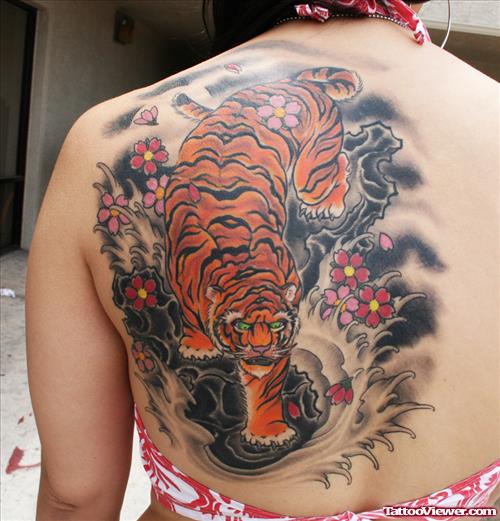 Japanese Flowers And Tiger Tattoo On Back