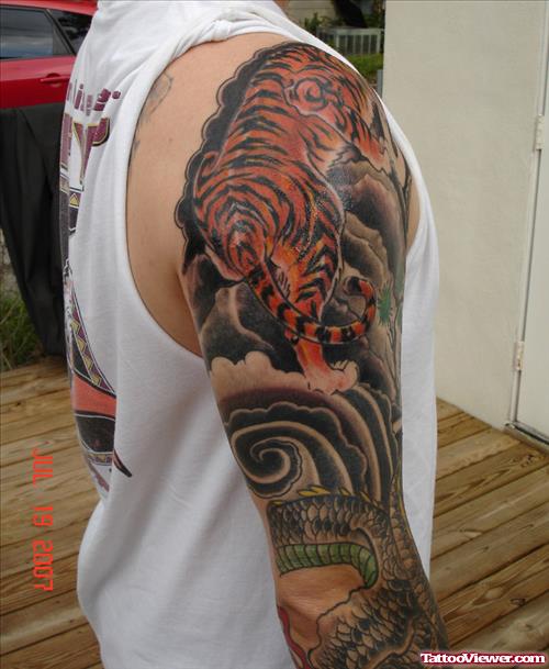 Color Tiger Tattoo On Right Sleeve