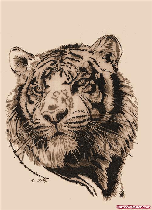 Cute Grey Ink Tiger Head Tattoo Design