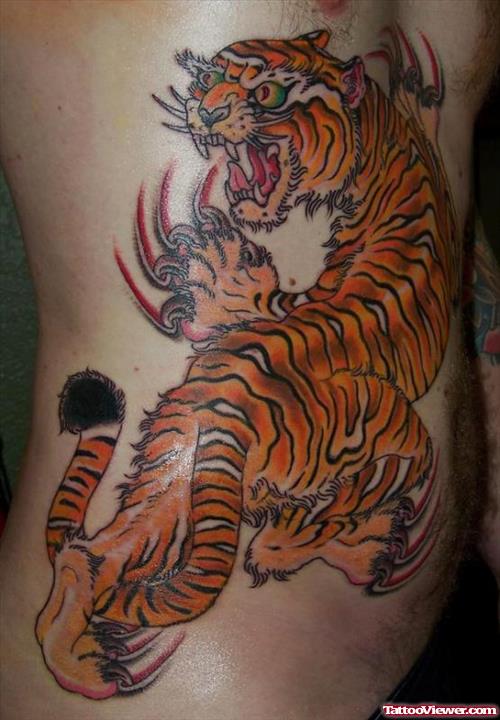 Cute Color Ink Tiger Tattoo On Back