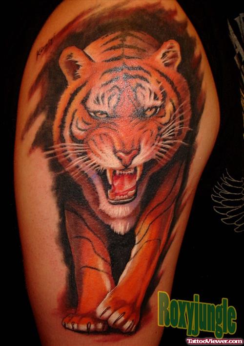 Colored Ink Tiger Tattoo On Half Sleeve